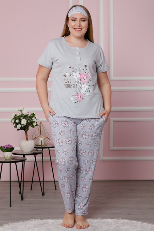 Kadın Gri Pamuklu Cepli Kısa Kol Büyük Beden Pijama Takım 202009