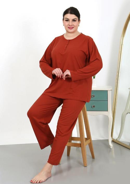 Kadın Büyük Beden Uzun Kol Penye Pijama Takımı Kiremit 202501