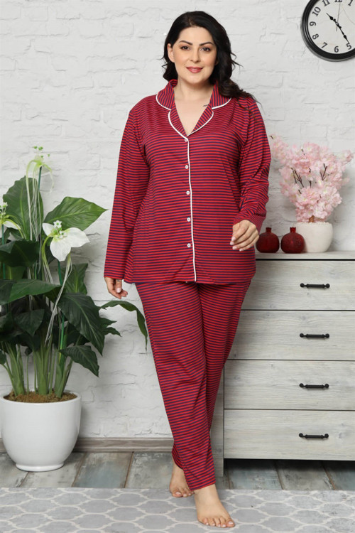 Kadın Pamuklu Cepli Uzun Kol Büyük Beden Pijama Takım 202042