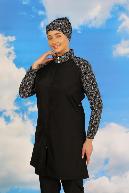 Kadın Pantolonlu Desenli Tam Tesettür Mayo Siyah 31072