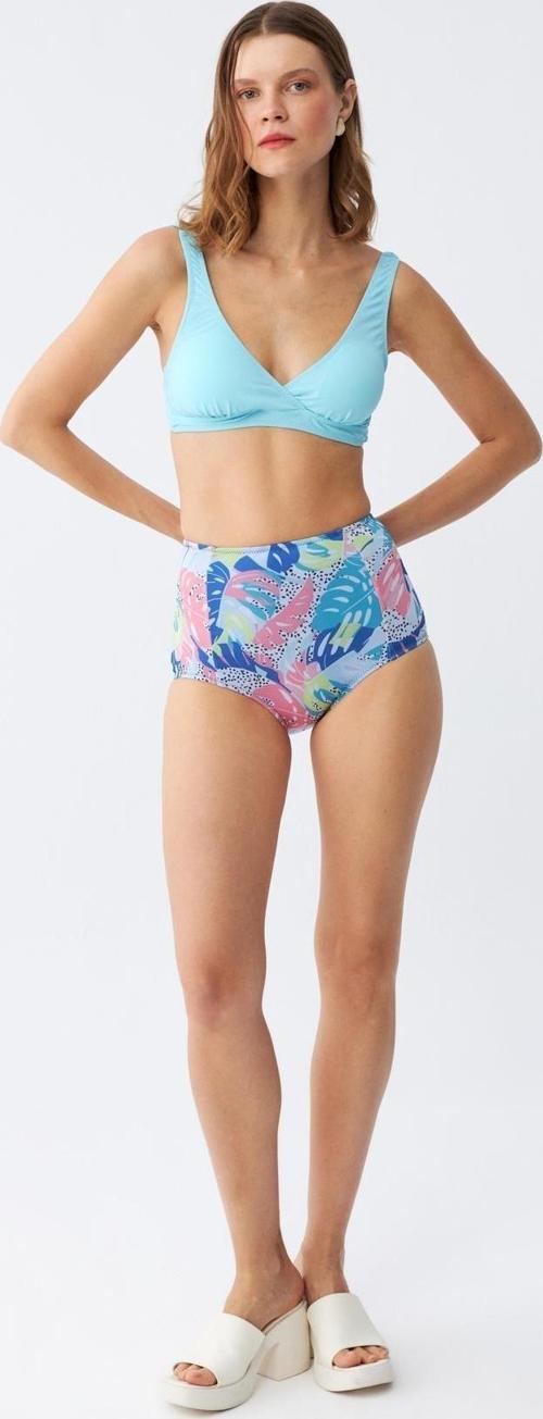 Kadın Pedli Üst Tropik Desenli Yüksek Bel Bikini Takımı - Buz Mavisi