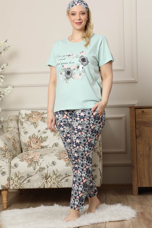 Kadın Su Yeşili Pamuklu Cepli Kısa Kol Büyük Beden Pijama Takım 202033