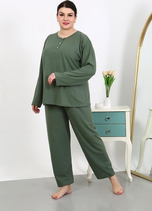 Kadın Büyük Beden Uzun Kol Penye Pijama Takımı Haki 202501