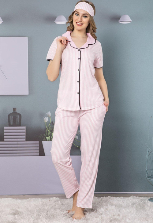Kadın Pembe Pamuklu Düğmeli Cepli Kısa Kol Pijama Takım 2510