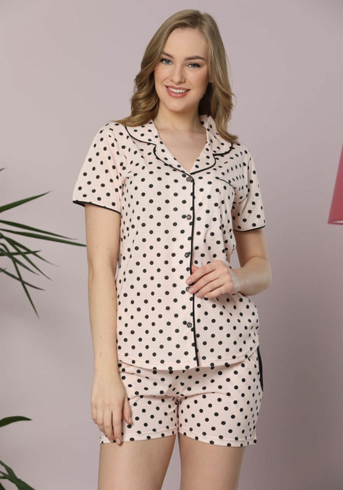 Kadın Pudra Pamuklu Düğmeli Cepli Şortlu Pijama Takım 4300