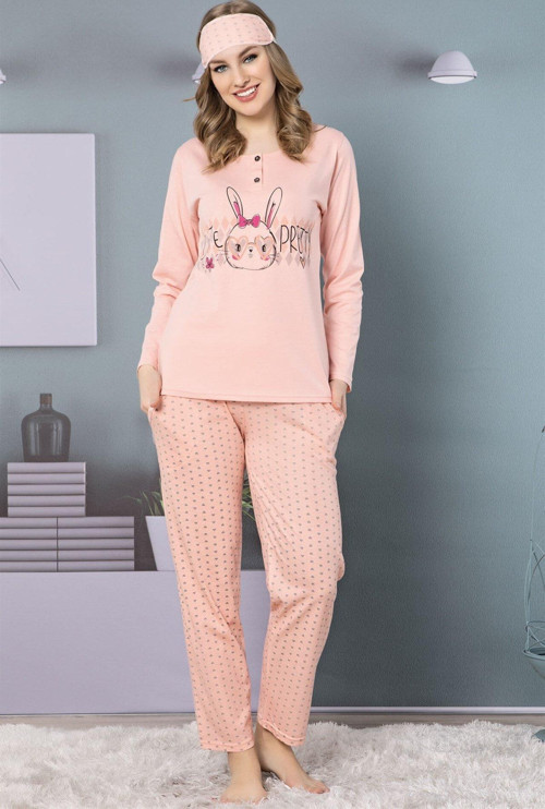 Kadın Somon Pamuklu Cepli Uzun Kol Pijama Takım 2466