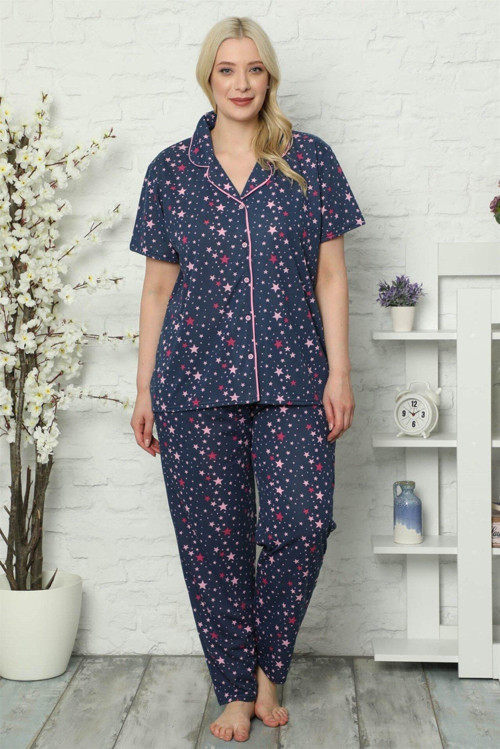 Kadın Pamuklu Cepli Kısa Kol Büyük Beden Pijama Takım 202030
