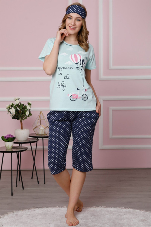 Kadın Su Yeşili Pamuklu Cepli Kapri Pijama Takım 3512