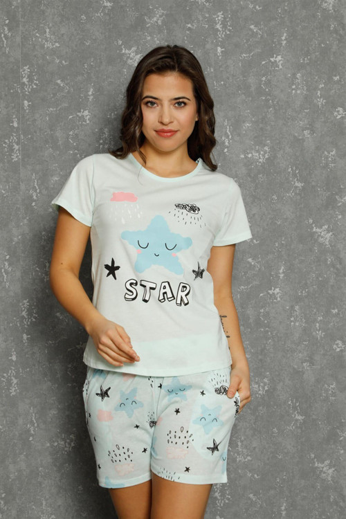 Kadın %100 Pamuk Penye Kısa Kol Şortlu Pijama Takım 3571