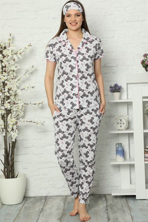 Kadın Gri Renk Pamuklu Cepli Kısa Kol Pijama Takım 2536