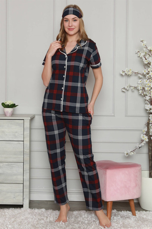 Kadın %100 Pamuk Önden Düğmeli Kısa Kol Pijama Takım 2807
