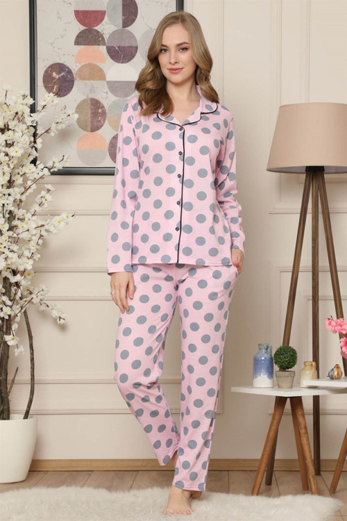 Kadın Pembe Pamuklu Düğmeli Cepli Uzun Kol Pijama Takım 2472