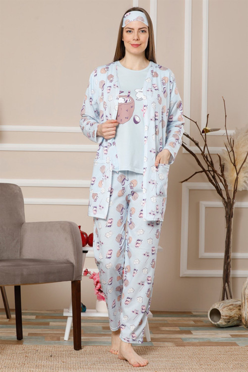 Kadın Mavi Renk Pamuklu Cepli 3'lü Pijama Takım 1111