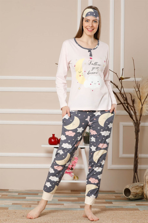 Kadın Pudra Renk Pamuklu Cepli Uzun Kol Ribana Paça Pijama Takım 2470