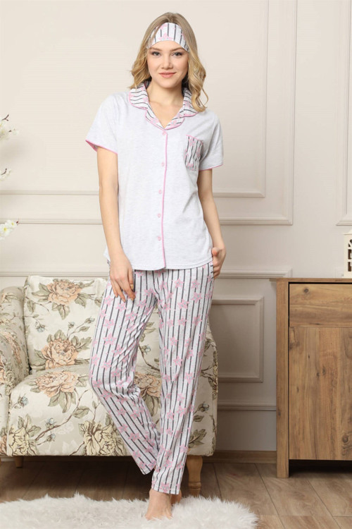 Kadın Gri Pamuklu Düğmeli Cepli Kısa Kol Pijama Takım 2542