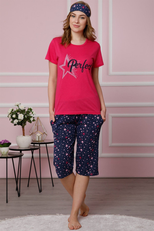 Kadın Mercan Pamuklu Cepli Kapri Pijama Takım 3509