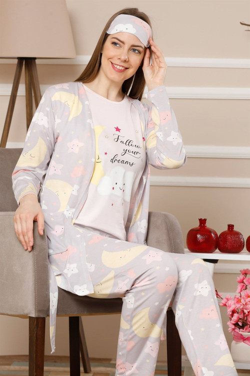 Kadın Lila Renk Pamuklu Cepli 3'lü Pijama Takım 1114