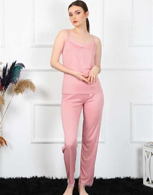 Kadın İp Askılı Somon Pijama Takım 4136