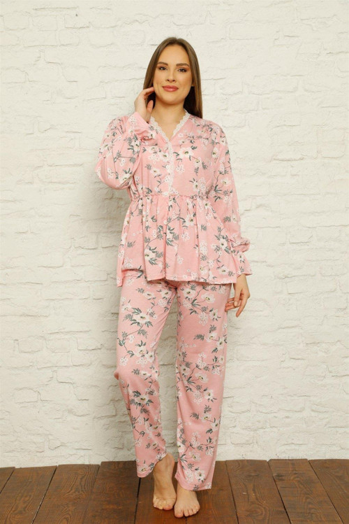 Kadın %100 Pamuk Penye Pileli Pijama Takım 17101
