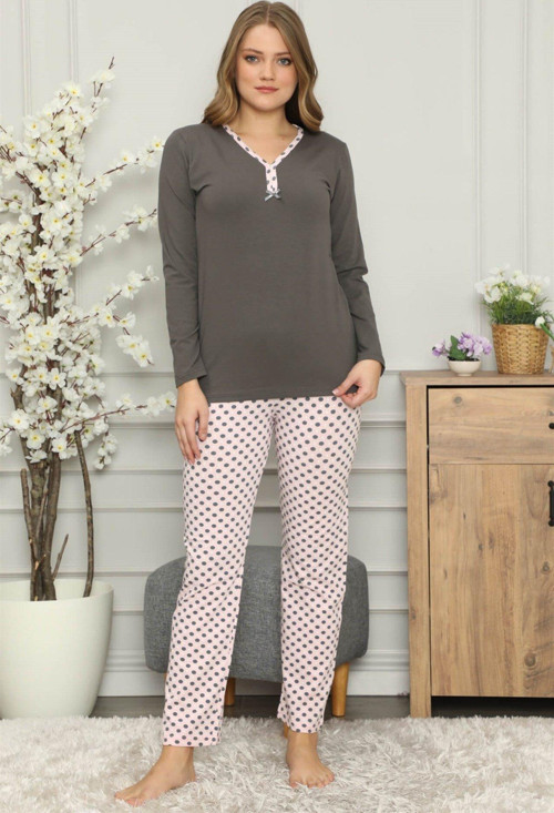 Kadın %100 Pamuk Penye Uzun Kol Pijama Takım 2709