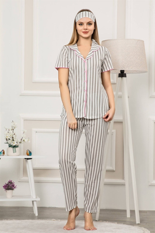 Kadın Gri Beyaz Renk Pamuklu Cepli Kısa Kol Pijama Takım 2533