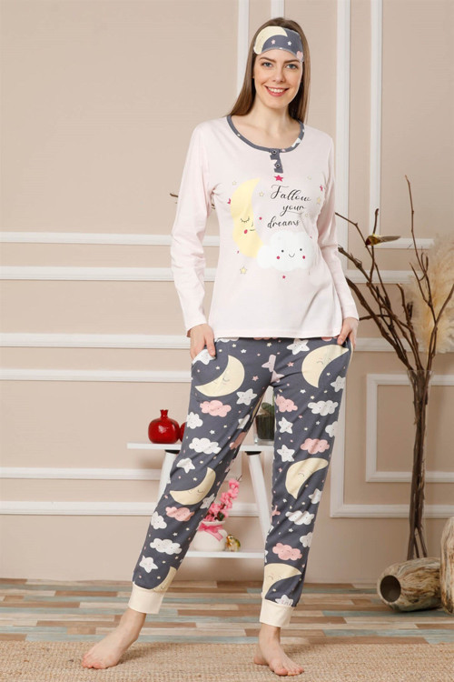 Kadın Pudra Renk Pamuklu Cepli Uzun Kol Ribana Paça Pijama Takım 2470