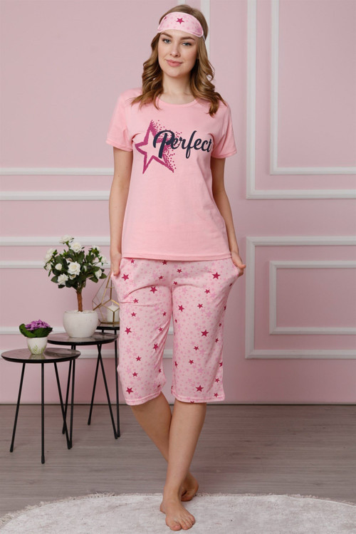 Kadın Pembe Pamuklu Cepli Kapri Pijama Takım 3510