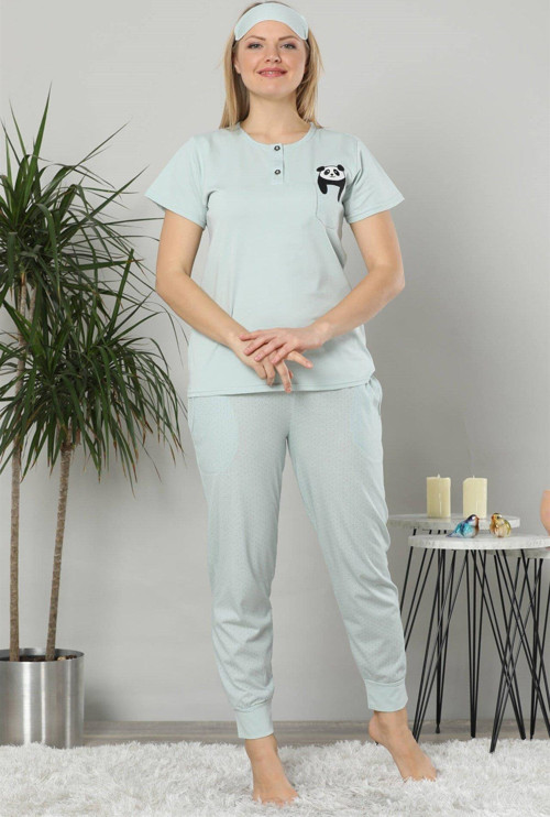 Kadın Su Yeşili Renk Pamuklu Cepli Kısa Kol Ribana Paça Pijama Takım 2503