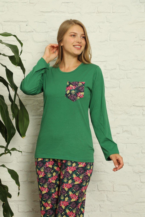 Kadın %100 Pamuk Penye Uzun Kol Pijama Takım 3423