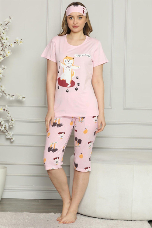 Kadın %100 Pamuk Penye Kısa Kol Kapri Pijama Takım 3532