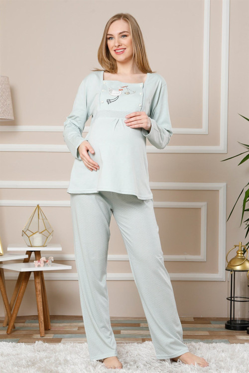 Kadın Su Yeşili Renk Pamuklu Hamile Pijama Takımı 4511