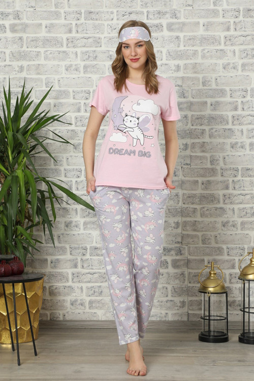 Kadın Pembe Renk Pamuklu Cepli Kısa Kol Pijama Takım 2517