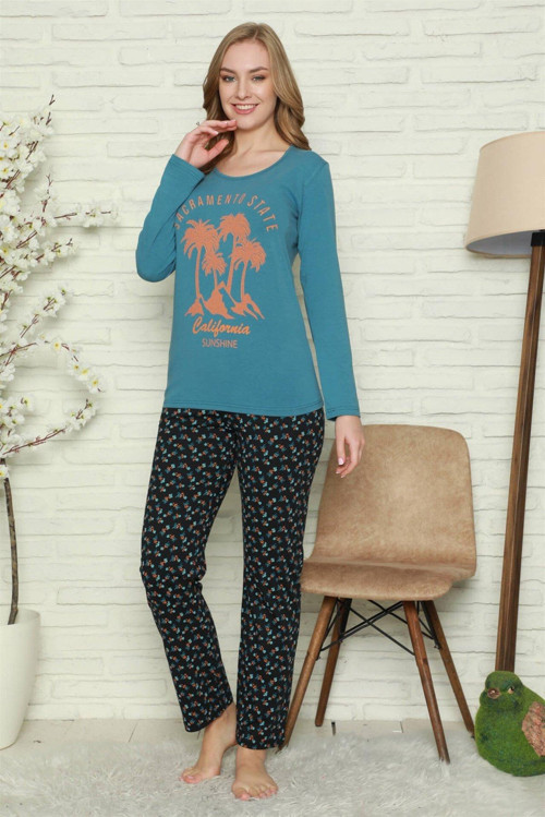 Kadın %100 Pamuk Penye Uzun Kol Pijama Takım 2739