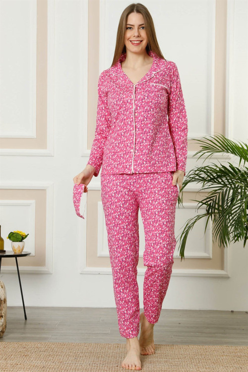Kadın Fuşya Pamuklu Düğmeli Cepli Uzun Kol Pijama Takım 2458