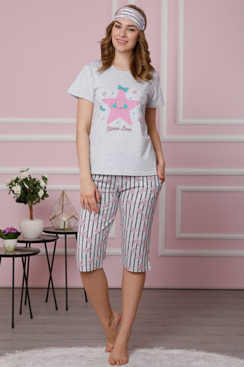 Kadın Gri Pamuklu Cepli Kapri Pijama Takım 3519