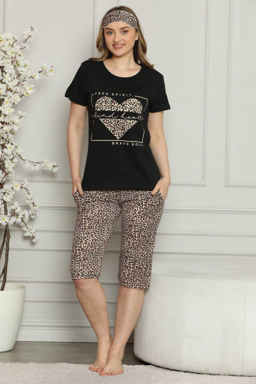Kadın %100 Pamuk Penye Kısa Kol Kapri Pijama Takım 3526