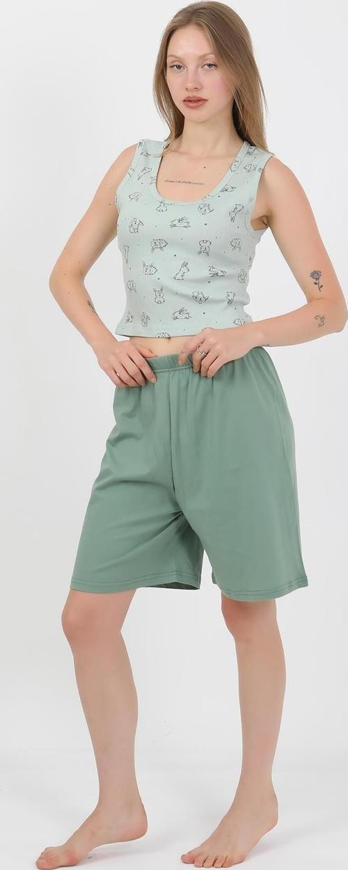 Kadın Kalın Askılı Pamuk Penye Şortlu Crop Takım SuYeşili 3636
