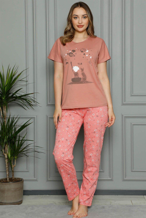 Kadın %100 Pamuk Penye Kısa Kol Pijama Takım 3387