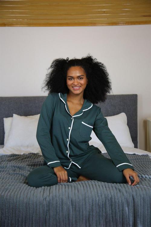 Kadın %100 Pamuk Penye Önden Düğmeli Uzun Kol Pijama Takım 2715