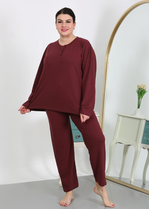 Kadın Büyük Beden Uzun Kol Penye Pijama Takımı Bordo 202501