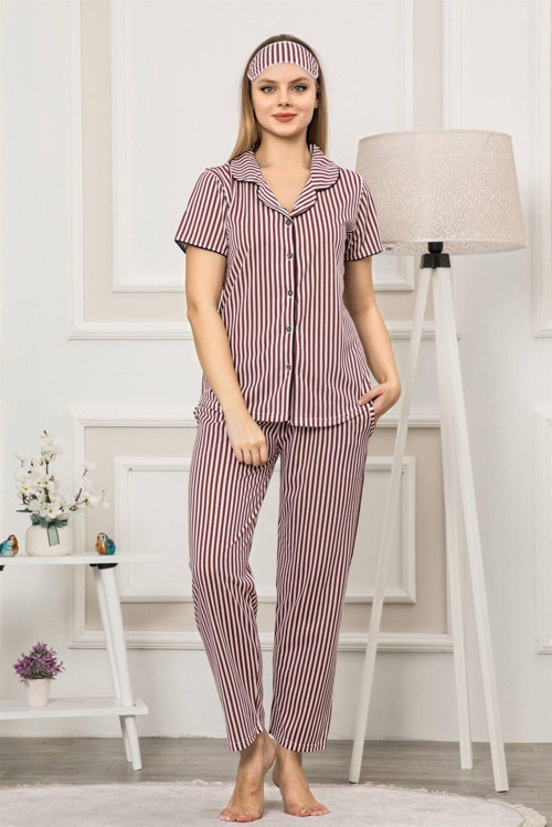 Kadın Bordo Beyaz Renk Pamuklu Cepli Kısa Kol Pijama Takım 2534