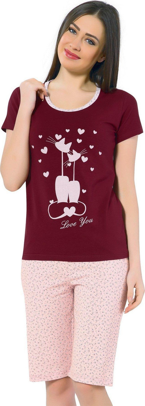 Kadın Kedi Desenli Bordo Kapri Pijama Takımı 3137
