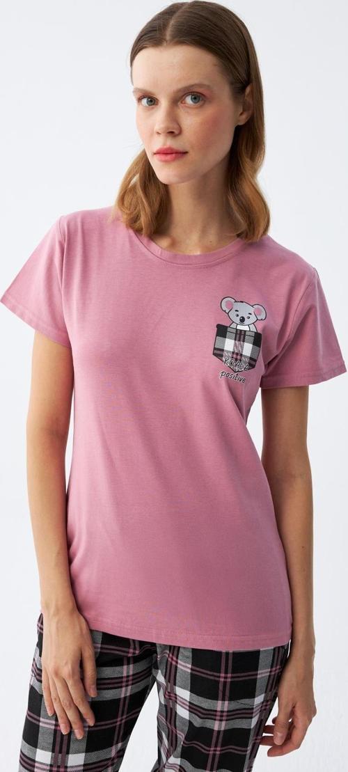 Kadın Somon Ayıcık Baskılı Ekoseli Penye Pijama Takımı