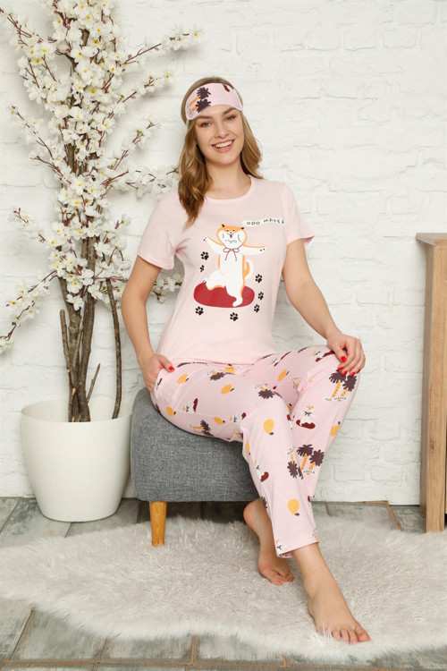 Kadın %100 Pamuk Penye Kısa Kol Pijama Takım 3329