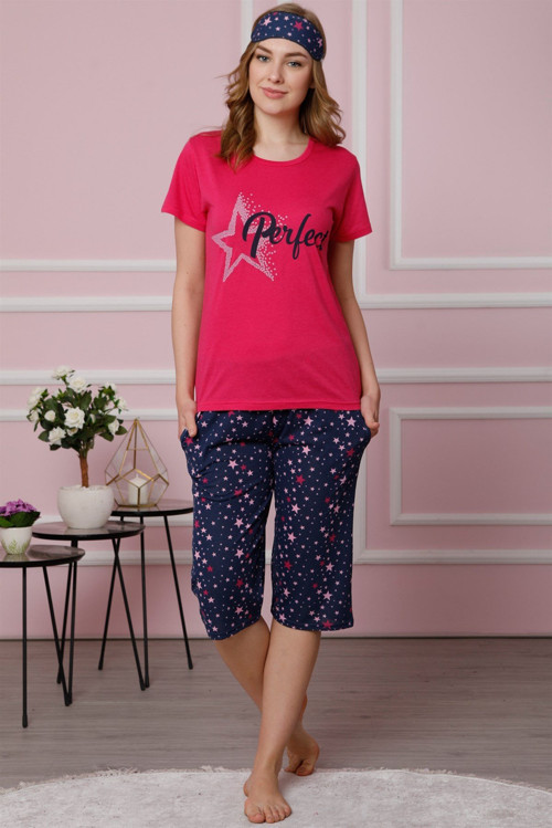 Kadın Mercan Pamuklu Cepli Kapri Pijama Takım 3509