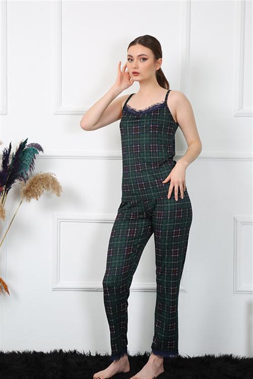 Kadın İp Askılı Yeşil Ekoseli Pijama Takım 4135