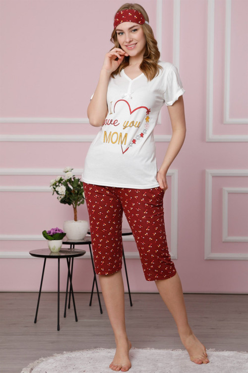 Kadın Ekru Pamuklu Cepli Kapri Pijama Takım 3515