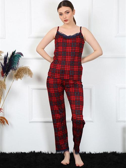 Kadın İp Askılı Kırmızı Ekoseli Pijama Takım 4135
