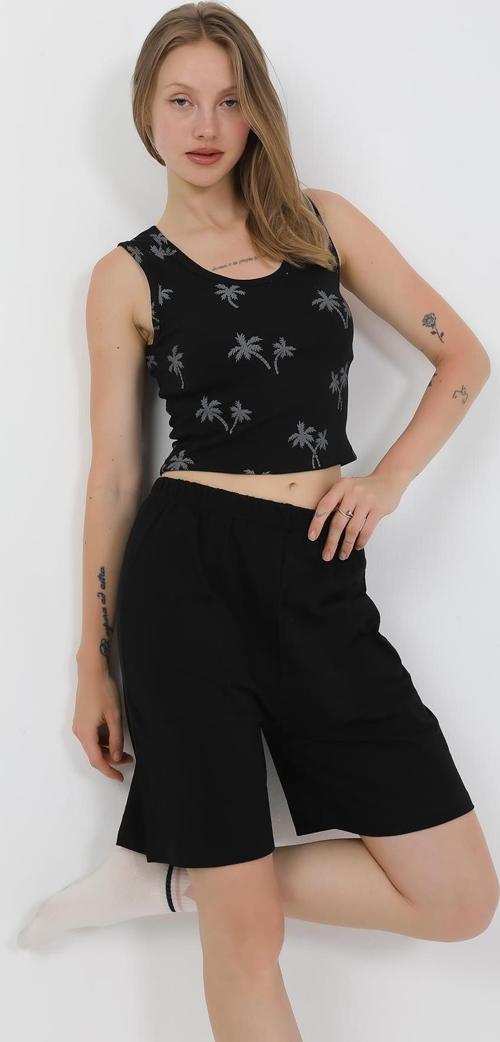 Kadın Kalın Askılı Pamuk Penye Şortlu Crop Takım Siyah 3636