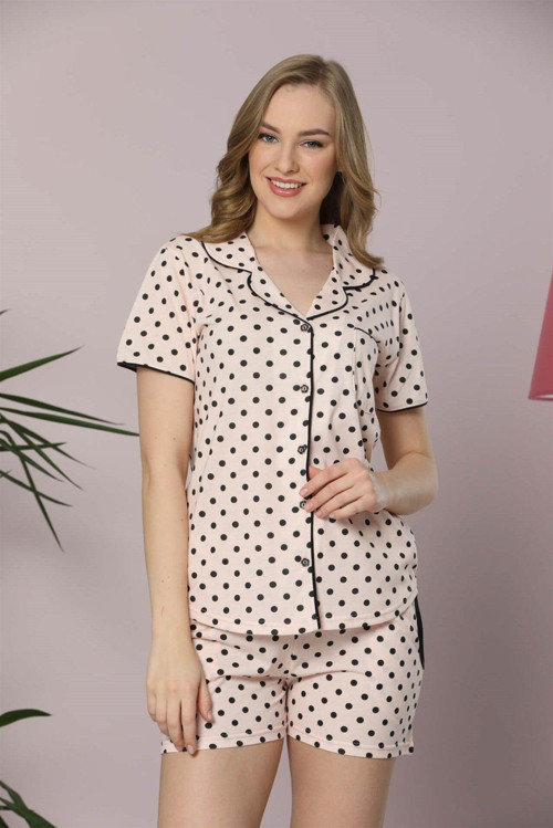 Kadın Pudra Pamuklu Düğmeli Cepli Şortlu Pijama Takım 4300